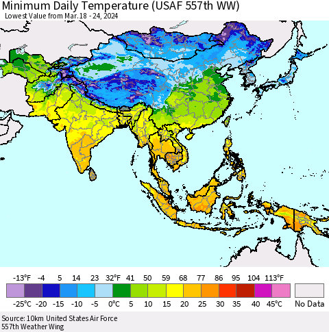 Asia Minimum Daily Temperature (USAF 557th WW) Thematic Map For 3/18/2024 - 3/24/2024