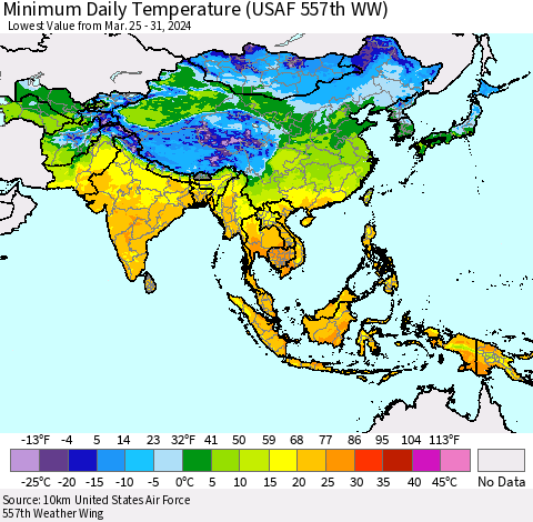 Asia Minimum Daily Temperature (USAF 557th WW) Thematic Map For 3/25/2024 - 3/31/2024