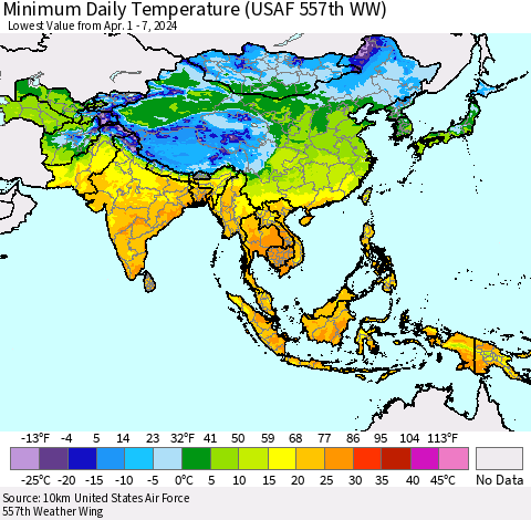 Asia Minimum Daily Temperature (USAF 557th WW) Thematic Map For 4/1/2024 - 4/7/2024