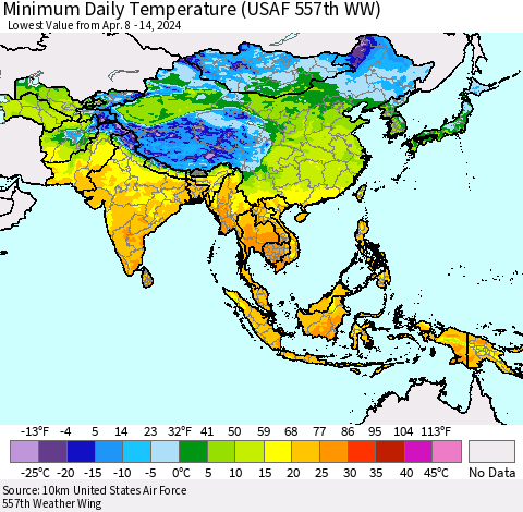 Asia Minimum Daily Temperature (USAF 557th WW) Thematic Map For 4/8/2024 - 4/14/2024
