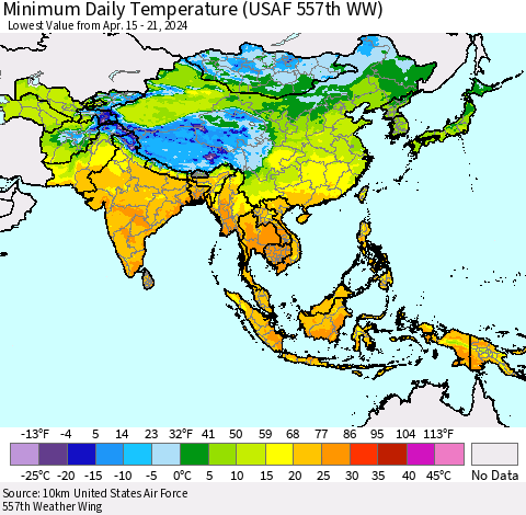 Asia Minimum Daily Temperature (USAF 557th WW) Thematic Map For 4/15/2024 - 4/21/2024