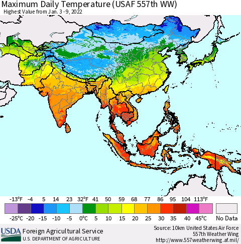 Asia Maximum Daily Temperature (USAF 557th WW) Thematic Map For 1/3/2022 - 1/9/2022