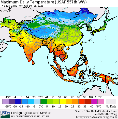 Asia Maximum Daily Temperature (USAF 557th WW) Thematic Map For 1/10/2022 - 1/16/2022