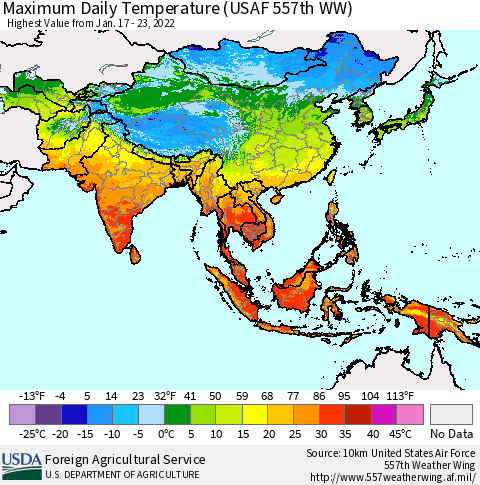 Asia Maximum Daily Temperature (USAF 557th WW) Thematic Map For 1/17/2022 - 1/23/2022