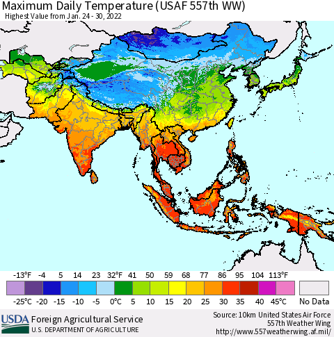 Asia Maximum Daily Temperature (USAF 557th WW) Thematic Map For 1/24/2022 - 1/30/2022