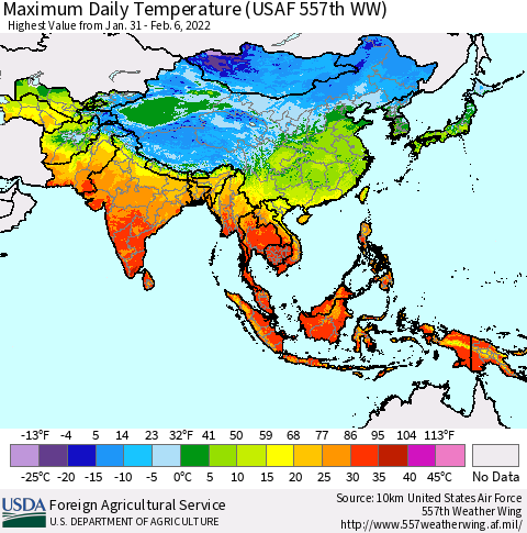 Asia Maximum Daily Temperature (USAF 557th WW) Thematic Map For 1/31/2022 - 2/6/2022