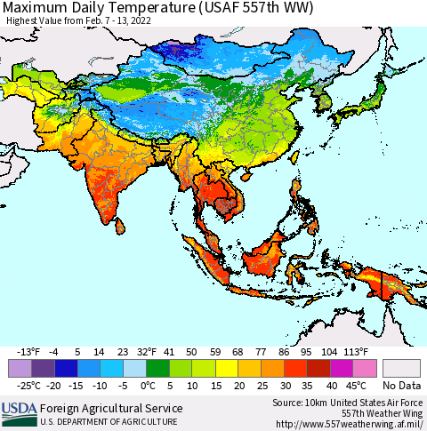 Asia Maximum Daily Temperature (USAF 557th WW) Thematic Map For 2/7/2022 - 2/13/2022