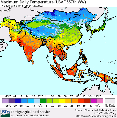 Asia Maximum Daily Temperature (USAF 557th WW) Thematic Map For 2/14/2022 - 2/20/2022