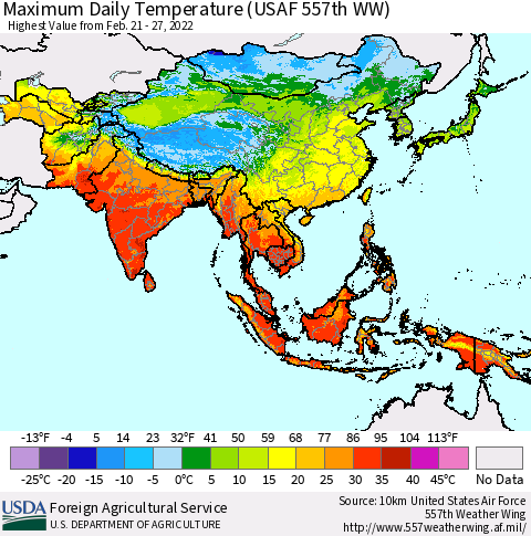Asia Maximum Daily Temperature (USAF 557th WW) Thematic Map For 2/21/2022 - 2/27/2022