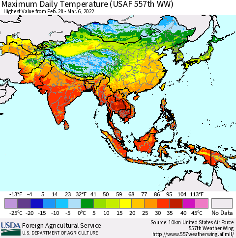Asia Maximum Daily Temperature (USAF 557th WW) Thematic Map For 2/28/2022 - 3/6/2022