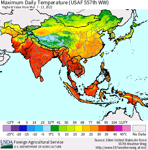 Asia Maximum Daily Temperature (USAF 557th WW) Thematic Map For 3/7/2022 - 3/13/2022