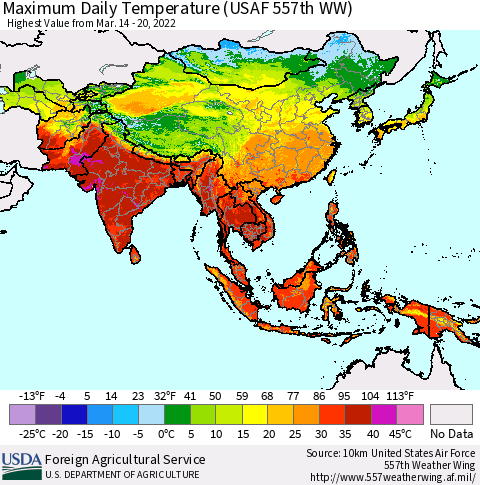 Asia Maximum Daily Temperature (USAF 557th WW) Thematic Map For 3/14/2022 - 3/20/2022
