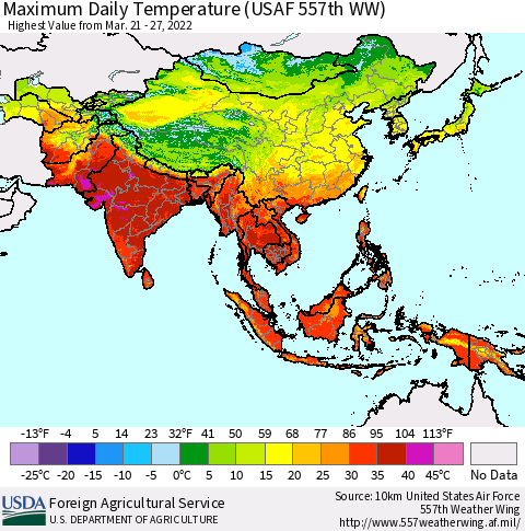 Asia Maximum Daily Temperature (USAF 557th WW) Thematic Map For 3/21/2022 - 3/27/2022