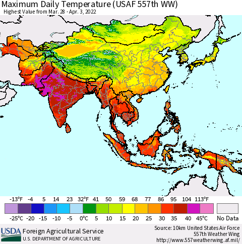 Asia Maximum Daily Temperature (USAF 557th WW) Thematic Map For 3/28/2022 - 4/3/2022