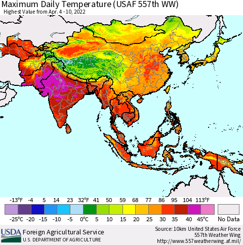 Asia Maximum Daily Temperature (USAF 557th WW) Thematic Map For 4/4/2022 - 4/10/2022