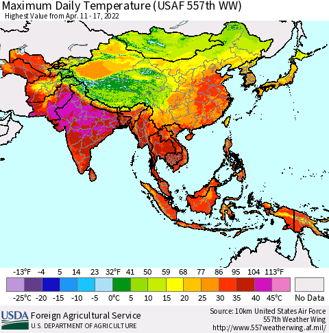Asia Maximum Daily Temperature (USAF 557th WW) Thematic Map For 4/11/2022 - 4/17/2022