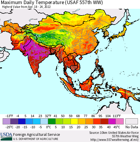 Asia Maximum Daily Temperature (USAF 557th WW) Thematic Map For 4/18/2022 - 4/24/2022