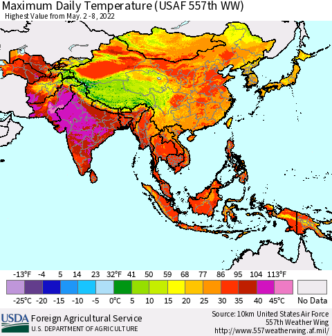 Asia Maximum Daily Temperature (USAF 557th WW) Thematic Map For 5/2/2022 - 5/8/2022