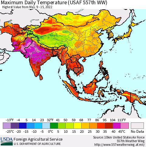 Asia Maximum Daily Temperature (USAF 557th WW) Thematic Map For 5/9/2022 - 5/15/2022