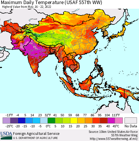 Asia Maximum Daily Temperature (USAF 557th WW) Thematic Map For 5/16/2022 - 5/22/2022