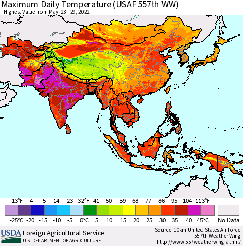 Asia Maximum Daily Temperature (USAF 557th WW) Thematic Map For 5/23/2022 - 5/29/2022