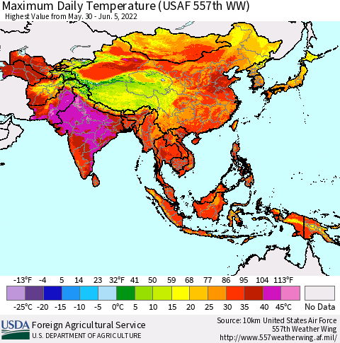 Asia Maximum Daily Temperature (USAF 557th WW) Thematic Map For 5/30/2022 - 6/5/2022