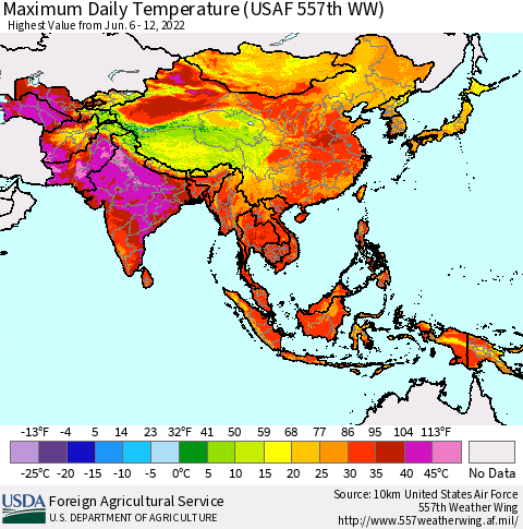Asia Maximum Daily Temperature (USAF 557th WW) Thematic Map For 6/6/2022 - 6/12/2022