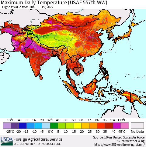 Asia Maximum Daily Temperature (USAF 557th WW) Thematic Map For 6/13/2022 - 6/19/2022
