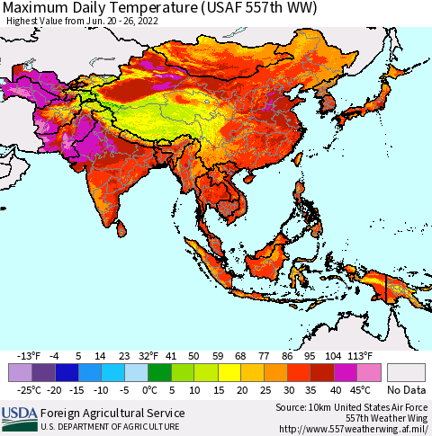 Asia Maximum Daily Temperature (USAF 557th WW) Thematic Map For 6/20/2022 - 6/26/2022