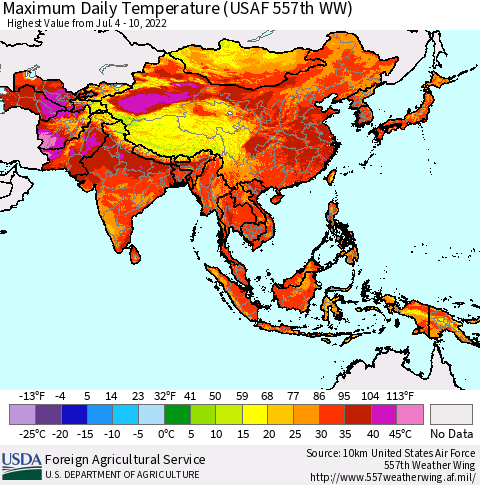Asia Maximum Daily Temperature (USAF 557th WW) Thematic Map For 7/4/2022 - 7/10/2022