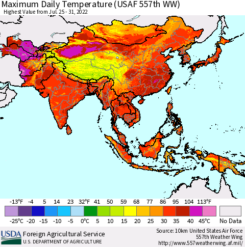 Asia Maximum Daily Temperature (USAF 557th WW) Thematic Map For 7/25/2022 - 7/31/2022
