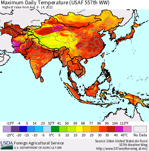 Asia Maximum Daily Temperature (USAF 557th WW) Thematic Map For 8/8/2022 - 8/14/2022