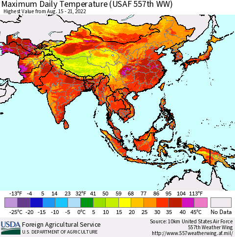 Asia Maximum Daily Temperature (USAF 557th WW) Thematic Map For 8/15/2022 - 8/21/2022