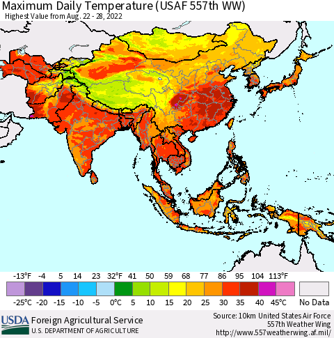 Asia Maximum Daily Temperature (USAF 557th WW) Thematic Map For 8/22/2022 - 8/28/2022