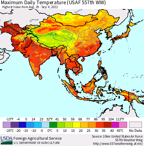 Asia Maximum Daily Temperature (USAF 557th WW) Thematic Map For 8/29/2022 - 9/4/2022