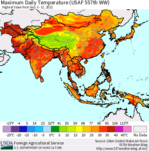Asia Maximum Daily Temperature (USAF 557th WW) Thematic Map For 9/5/2022 - 9/11/2022