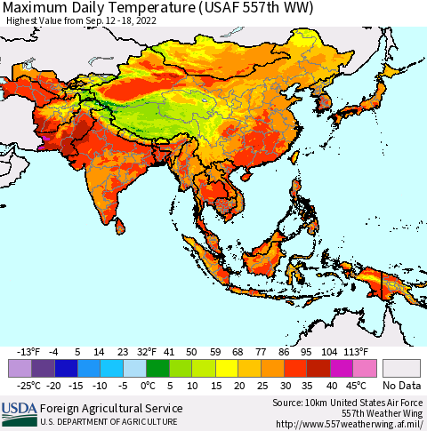 Asia Maximum Daily Temperature (USAF 557th WW) Thematic Map For 9/12/2022 - 9/18/2022