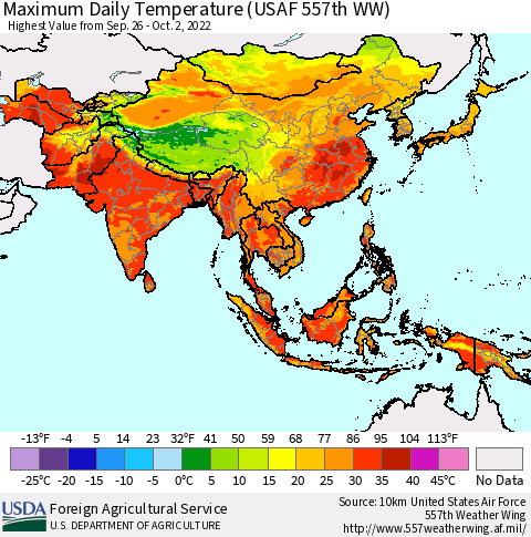 Asia Maximum Daily Temperature (USAF 557th WW) Thematic Map For 9/26/2022 - 10/2/2022