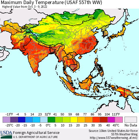 Asia Maximum Daily Temperature (USAF 557th WW) Thematic Map For 10/3/2022 - 10/9/2022