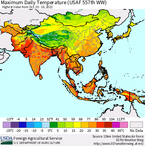 Asia Maximum Daily Temperature (USAF 557th WW) Thematic Map For 10/10/2022 - 10/16/2022