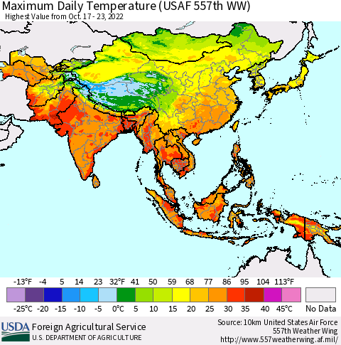 Asia Maximum Daily Temperature (USAF 557th WW) Thematic Map For 10/17/2022 - 10/23/2022