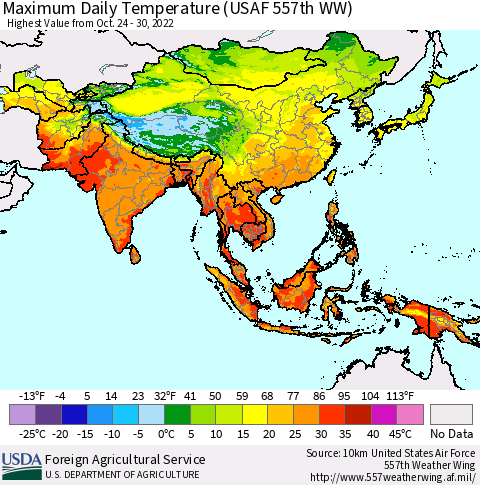 Asia Maximum Daily Temperature (USAF 557th WW) Thematic Map For 10/24/2022 - 10/30/2022