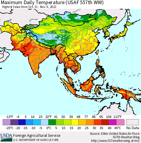 Asia Maximum Daily Temperature (USAF 557th WW) Thematic Map For 10/31/2022 - 11/6/2022