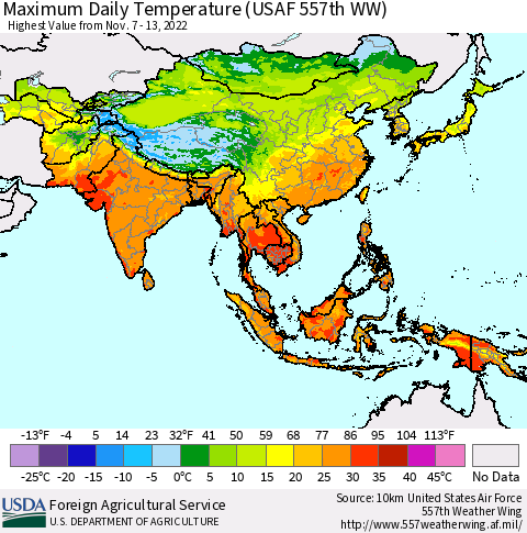 Asia Maximum Daily Temperature (USAF 557th WW) Thematic Map For 11/7/2022 - 11/13/2022