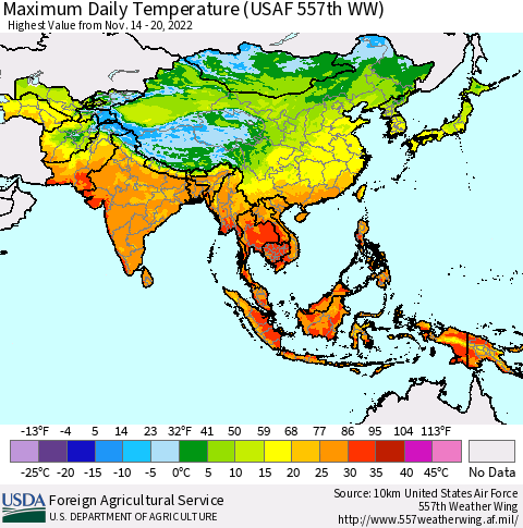 Asia Maximum Daily Temperature (USAF 557th WW) Thematic Map For 11/14/2022 - 11/20/2022