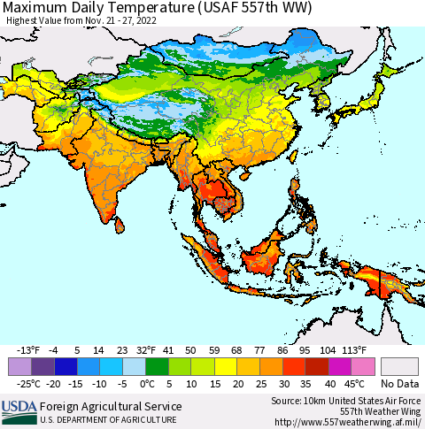Asia Maximum Daily Temperature (USAF 557th WW) Thematic Map For 11/21/2022 - 11/27/2022