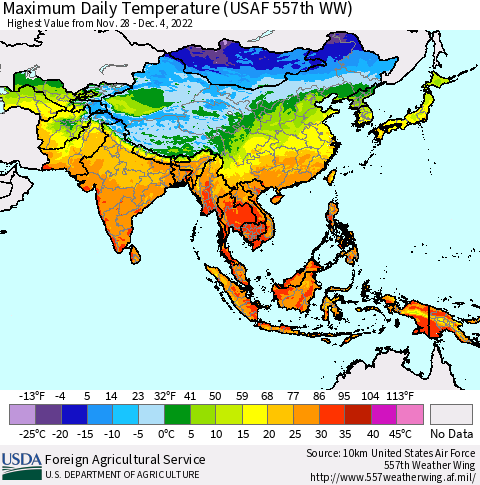 Asia Maximum Daily Temperature (USAF 557th WW) Thematic Map For 11/28/2022 - 12/4/2022
