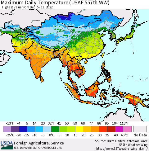 Asia Maximum Daily Temperature (USAF 557th WW) Thematic Map For 12/5/2022 - 12/11/2022
