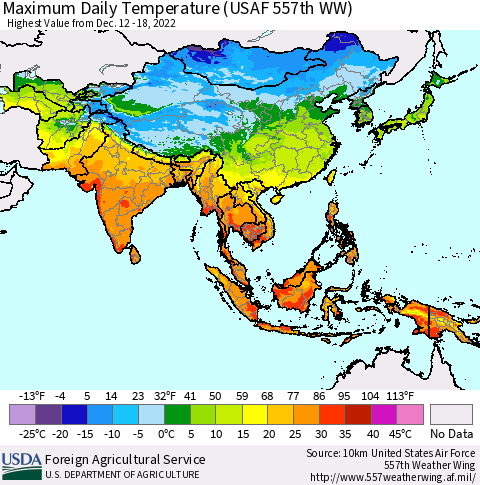 Asia Maximum Daily Temperature (USAF 557th WW) Thematic Map For 12/12/2022 - 12/18/2022