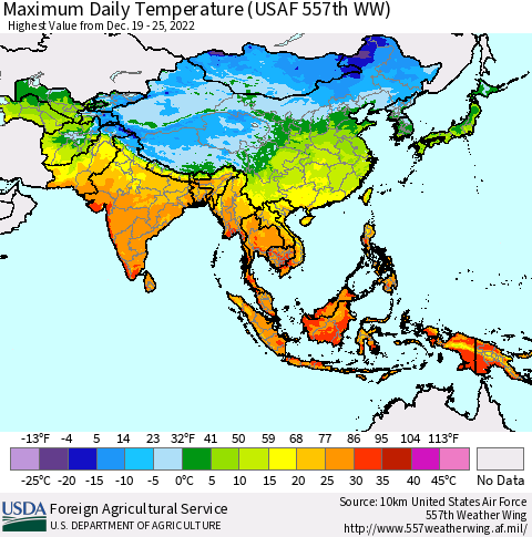 Asia Maximum Daily Temperature (USAF 557th WW) Thematic Map For 12/19/2022 - 12/25/2022